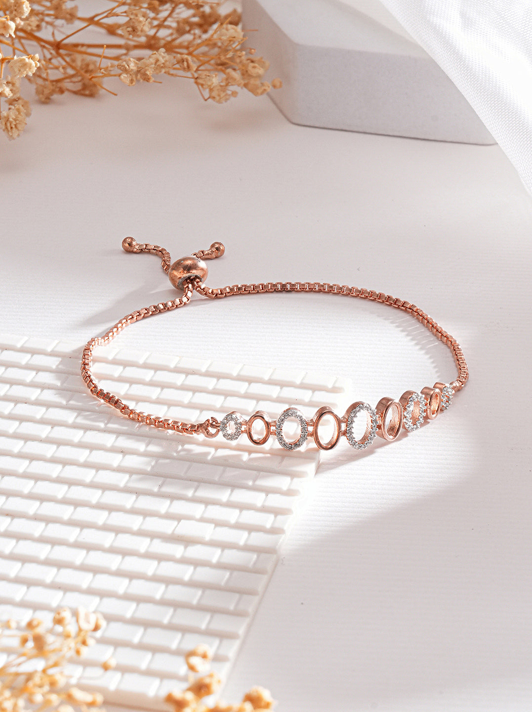 Rose Gold Toned Zircon Embellished Adjustable Pull Chain Slider Bracelet