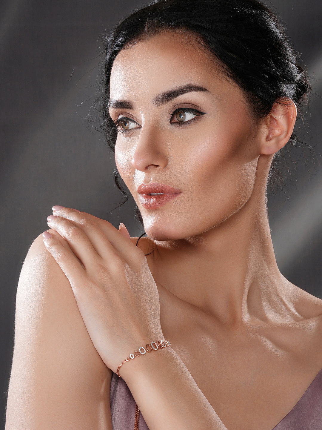 Rose Gold Toned Zircon Embellished Adjustable Pull Chain Slider Bracelet