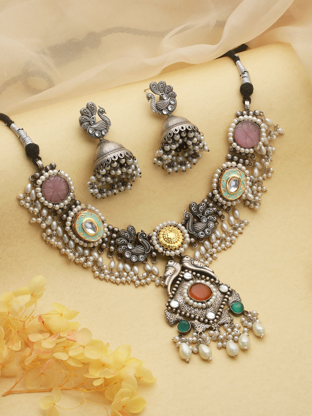 Silver Oxidised Kundan Studded & Pearl Beaded Fusion  Statement Jewellery Set