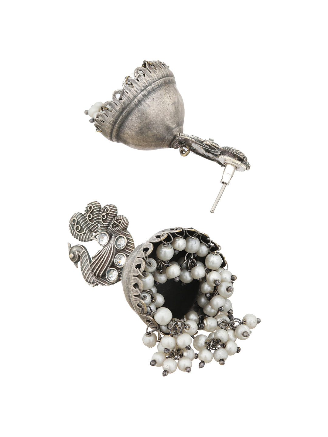 Silver Oxidised Kundan Studded & Pearl Beaded Fusion  Statement Jewellery Set