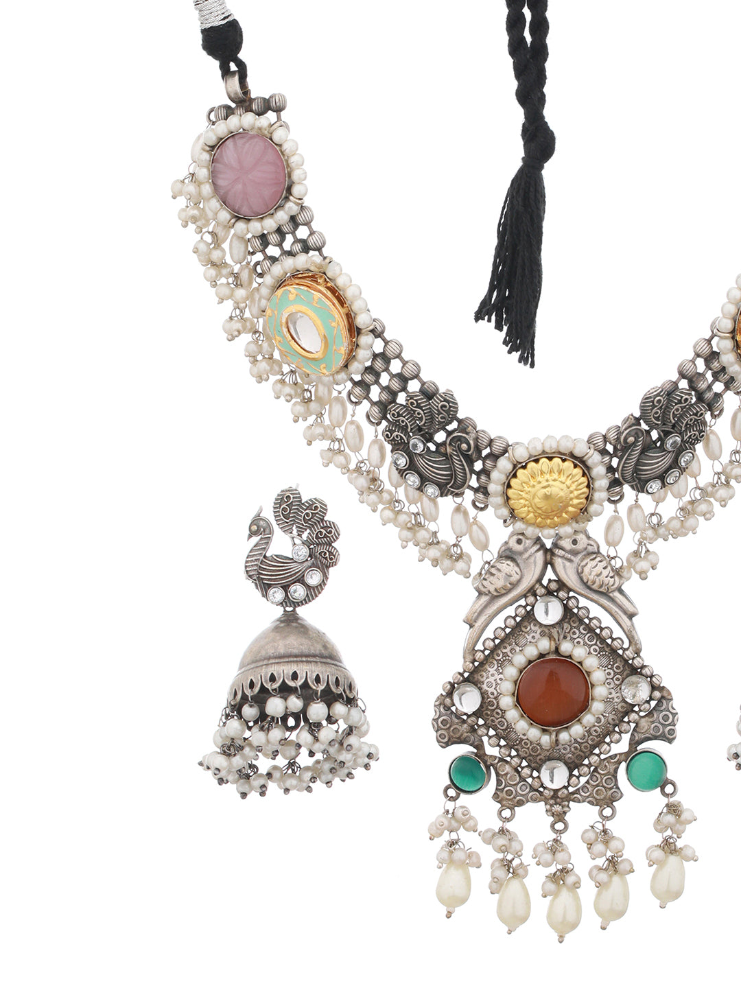 Silver Oxidised Kundan Studded & Pearl Beaded Fusion  Statement Jewellery Set