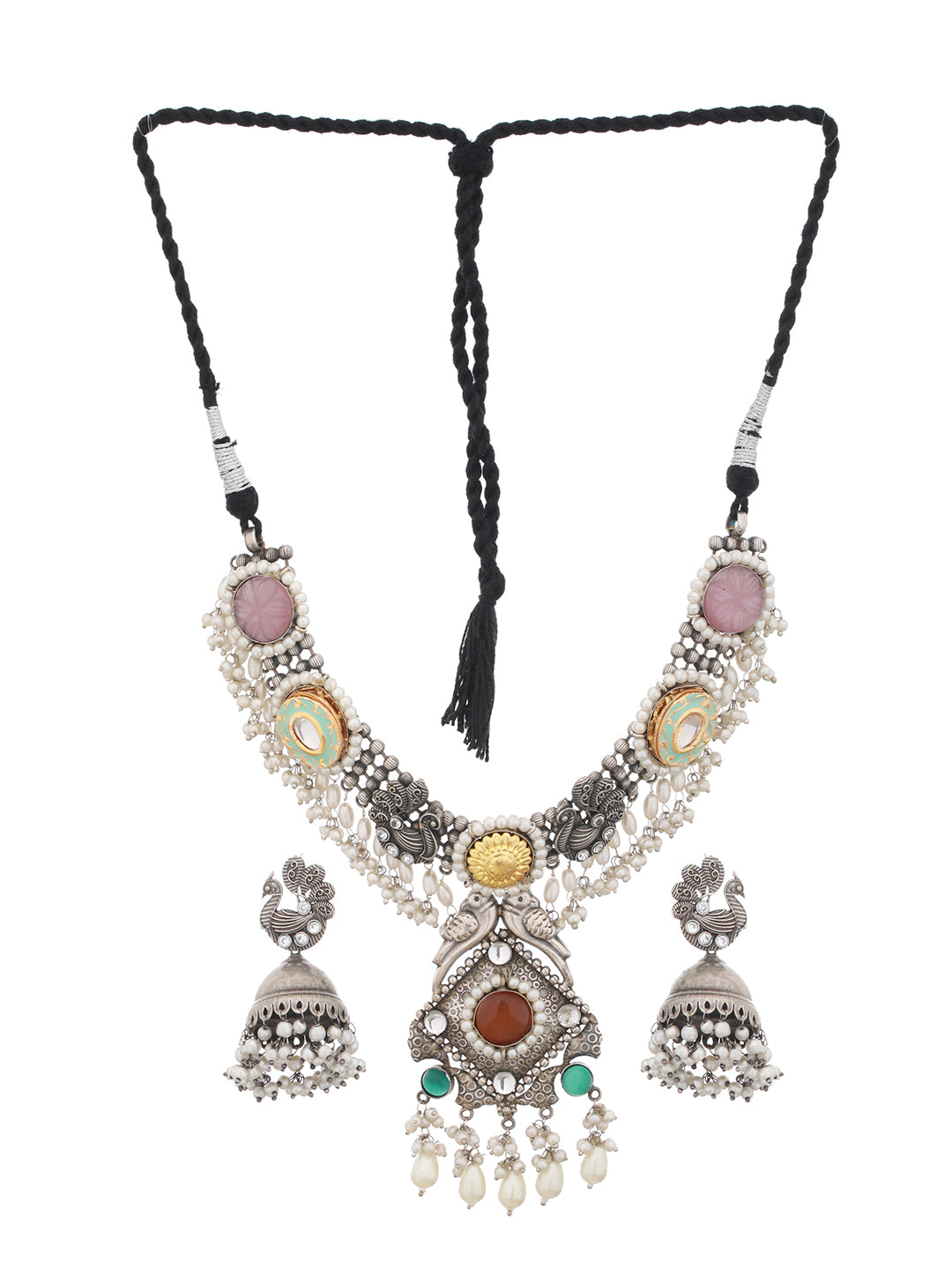 Silver Oxidised Kundan Studded & Pearl Beaded Fusion  Statement Jewellery Set