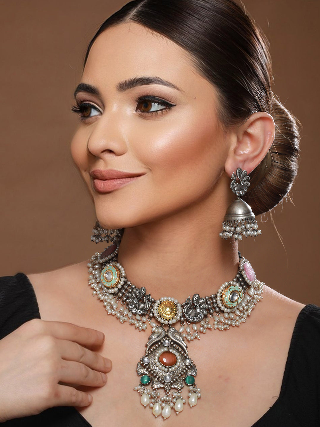 Silver Oxidised Kundan Studded & Pearl Beaded Fusion  Statement Jewellery Set