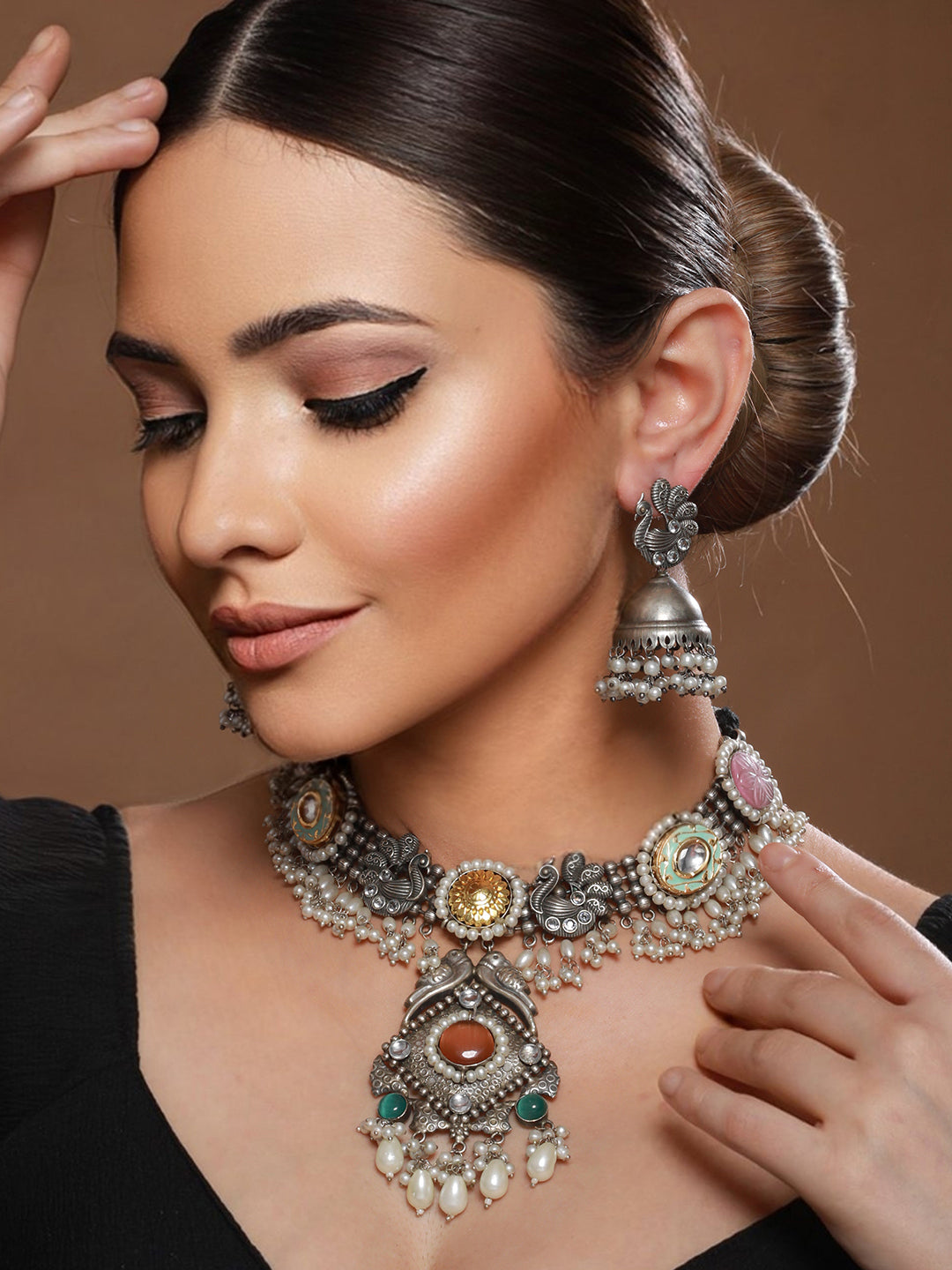 Silver Oxidised Kundan Studded & Pearl Beaded Fusion  Statement Jewellery Set