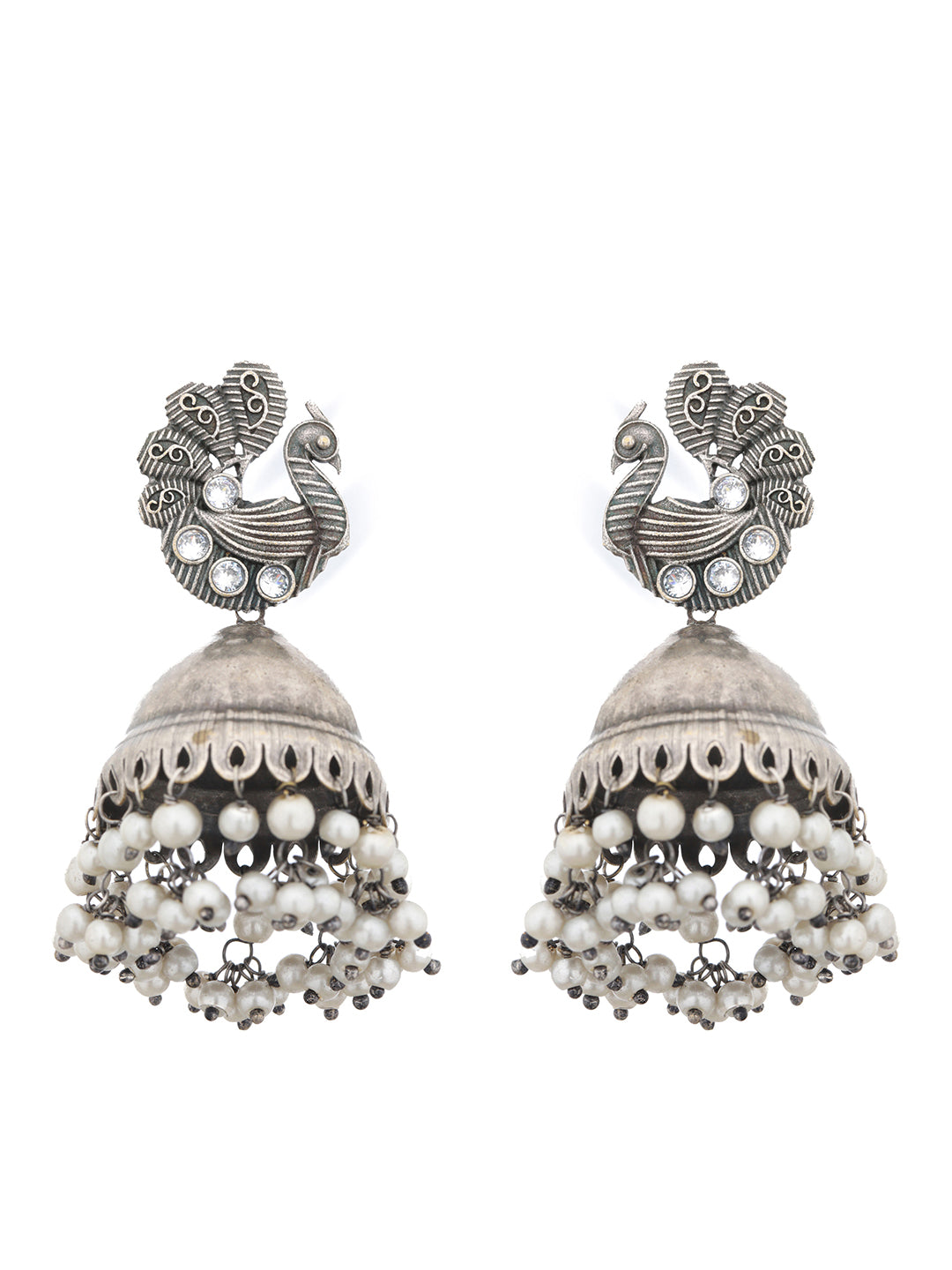 Silver Toned Oxidised Pearl Beaded Fusion Choker Jewellery Set