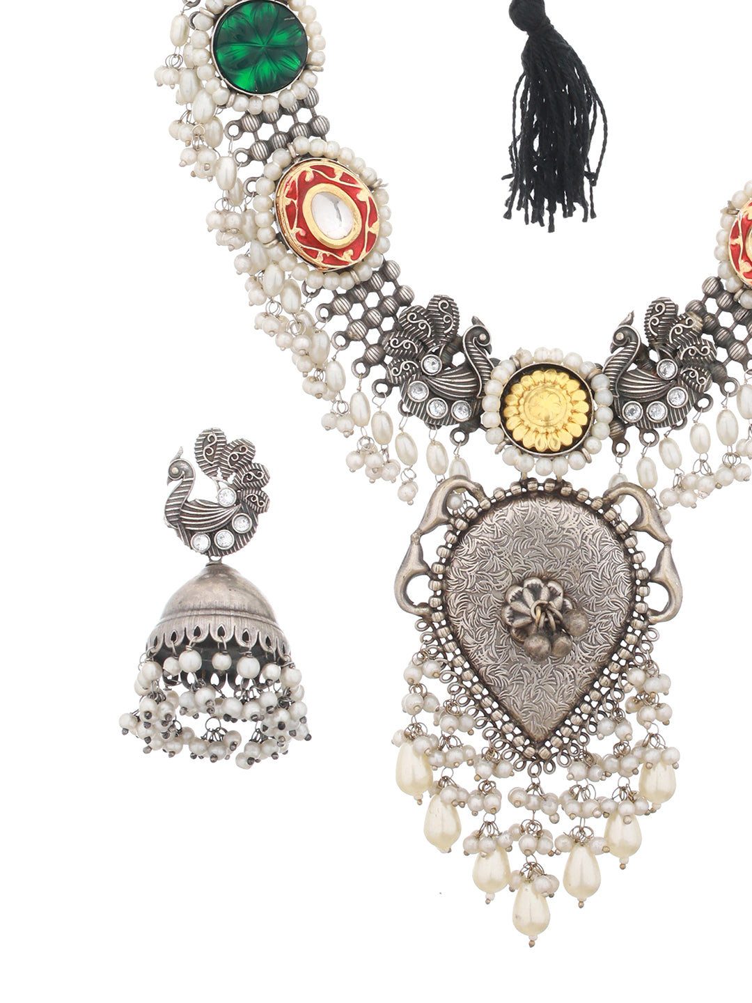 Silver Toned Oxidised Pearl Beaded Fusion Choker Jewellery Set