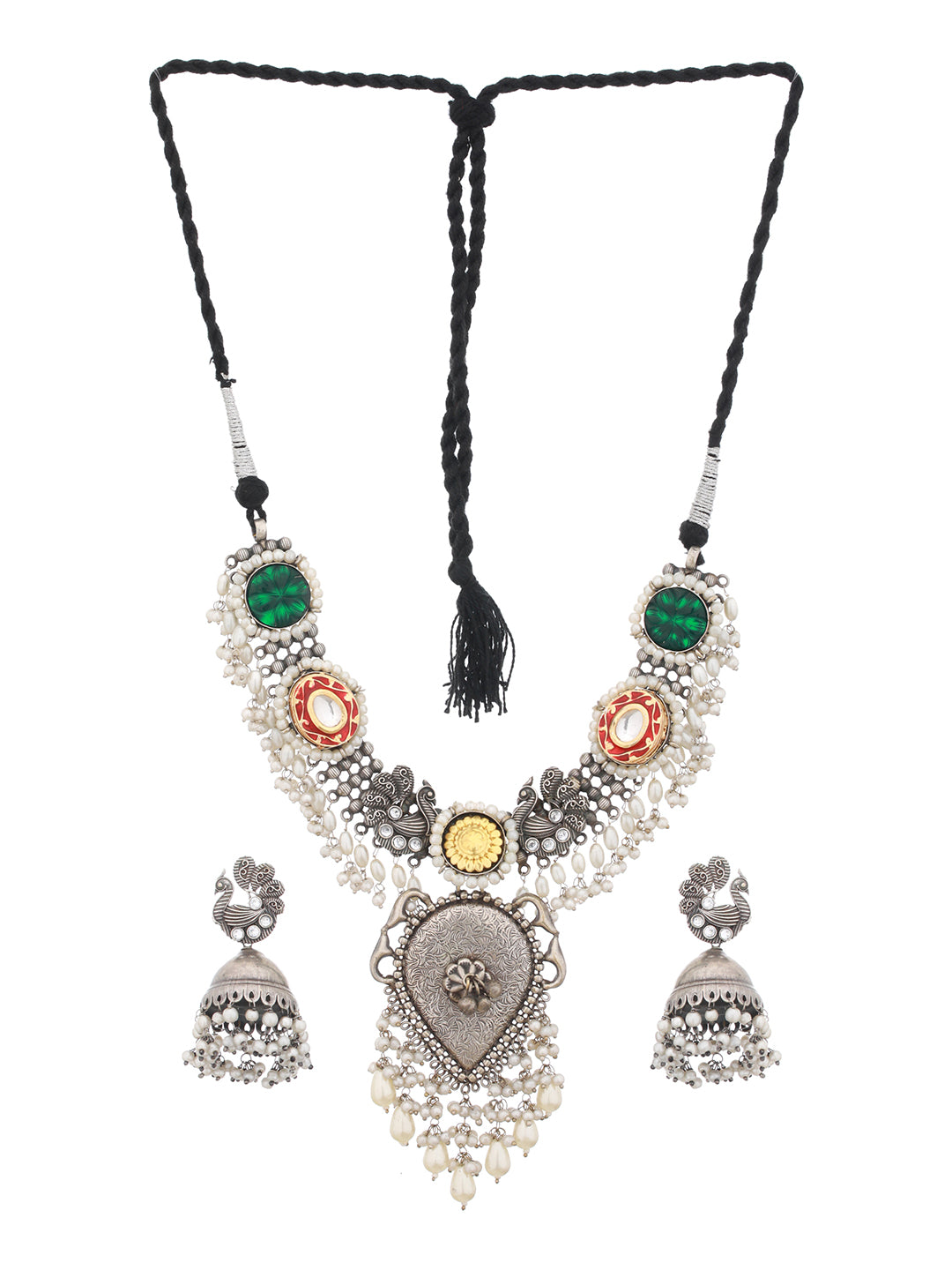 Silver Toned Oxidised Pearl Beaded Fusion Choker Jewellery Set