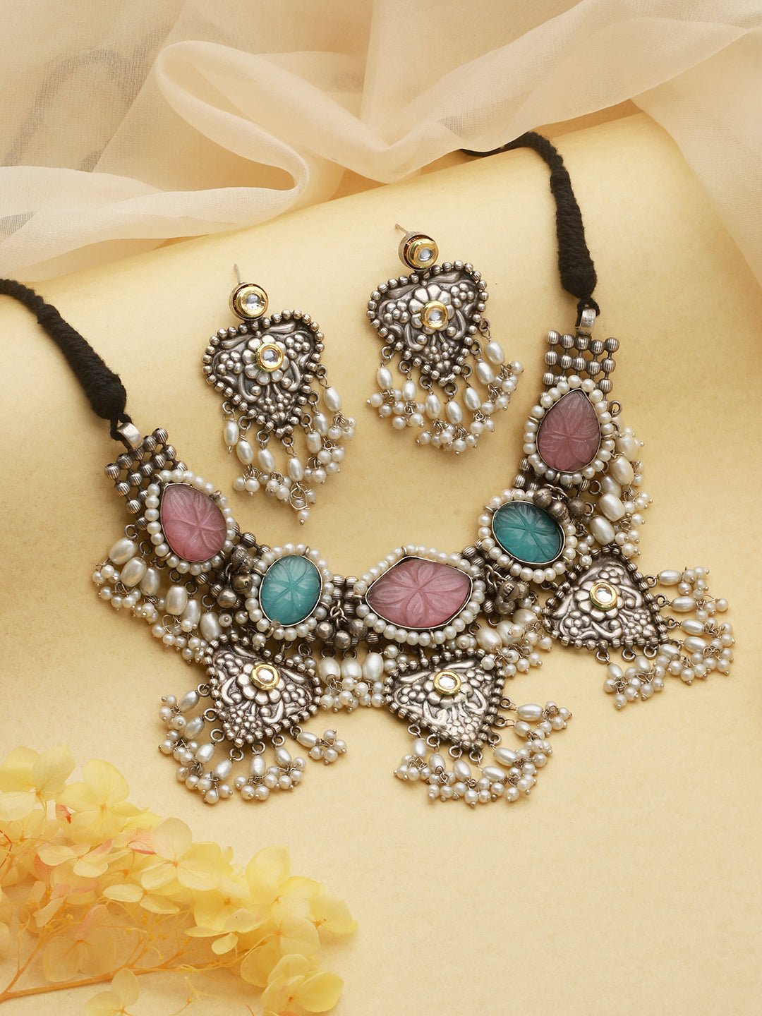 Oxidised Stone Studded Fusion statement Jewellery set