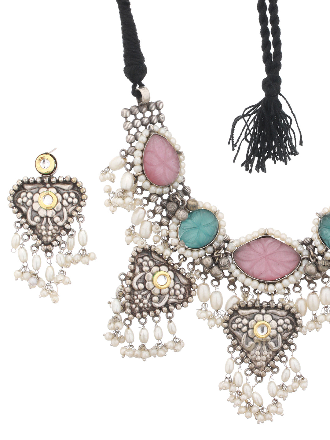 Oxidised Stone Studded Fusion statement Jewellery set