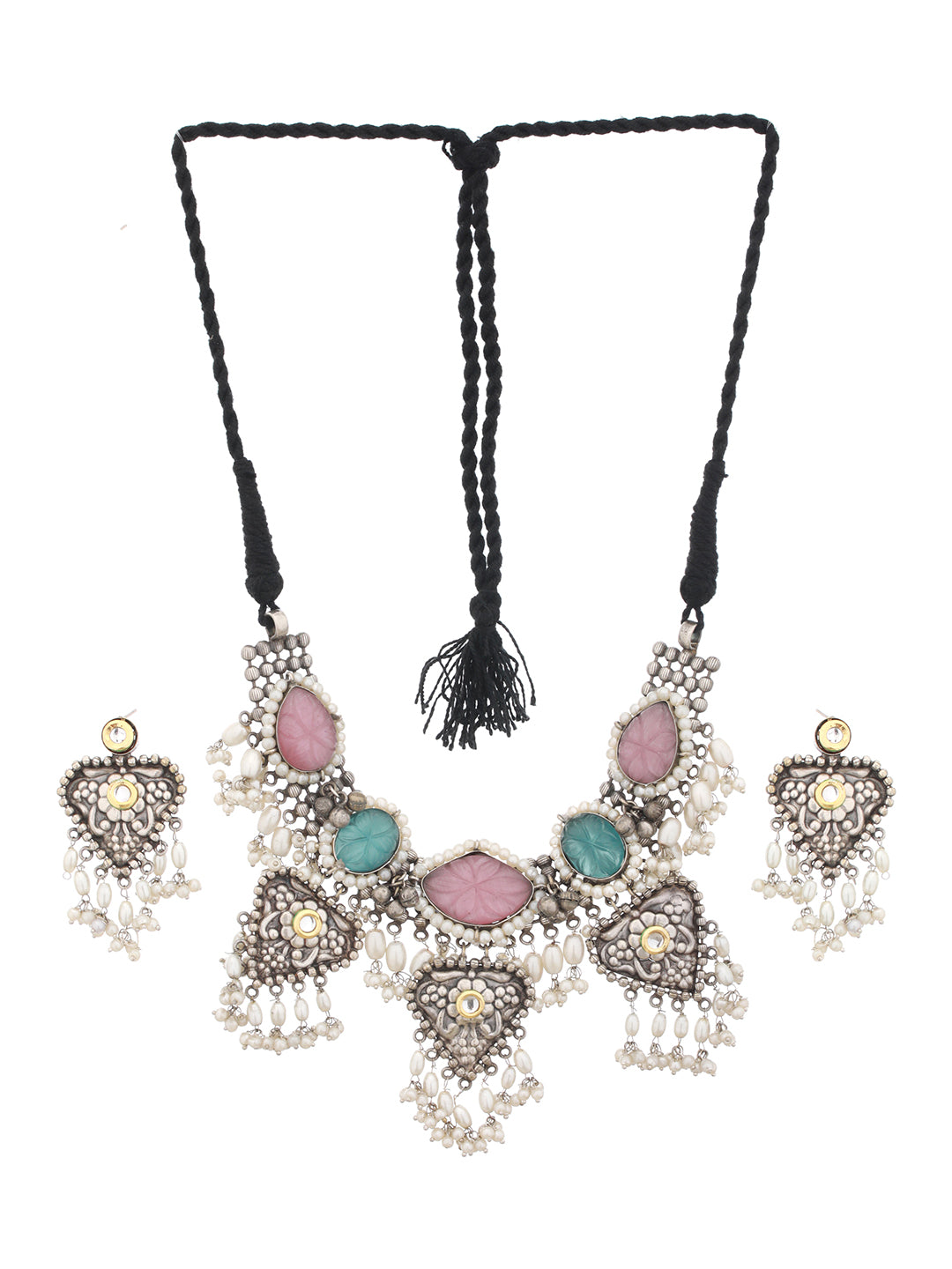 Oxidised Stone Studded Fusion statement Jewellery set