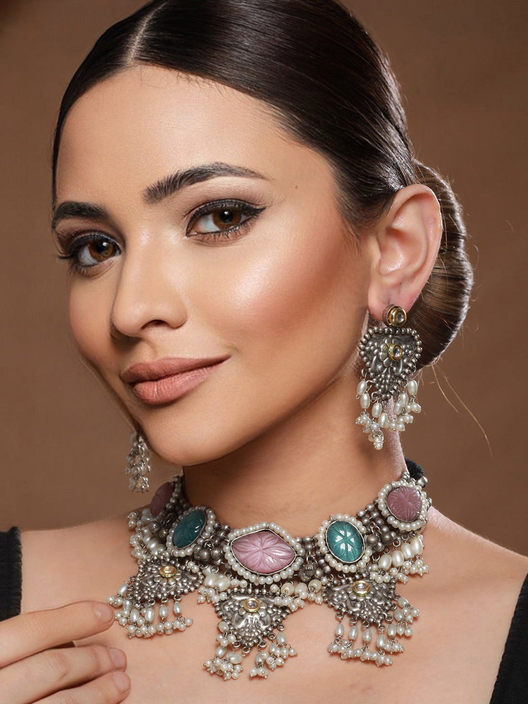 Oxidised Stone Studded Fusion statement Jewellery set