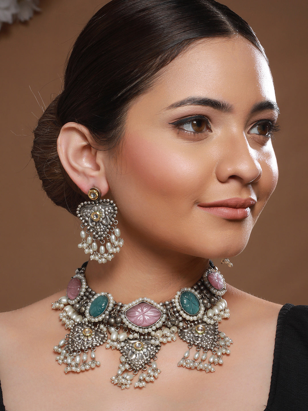 Oxidised Stone Studded Fusion statement Jewellery set