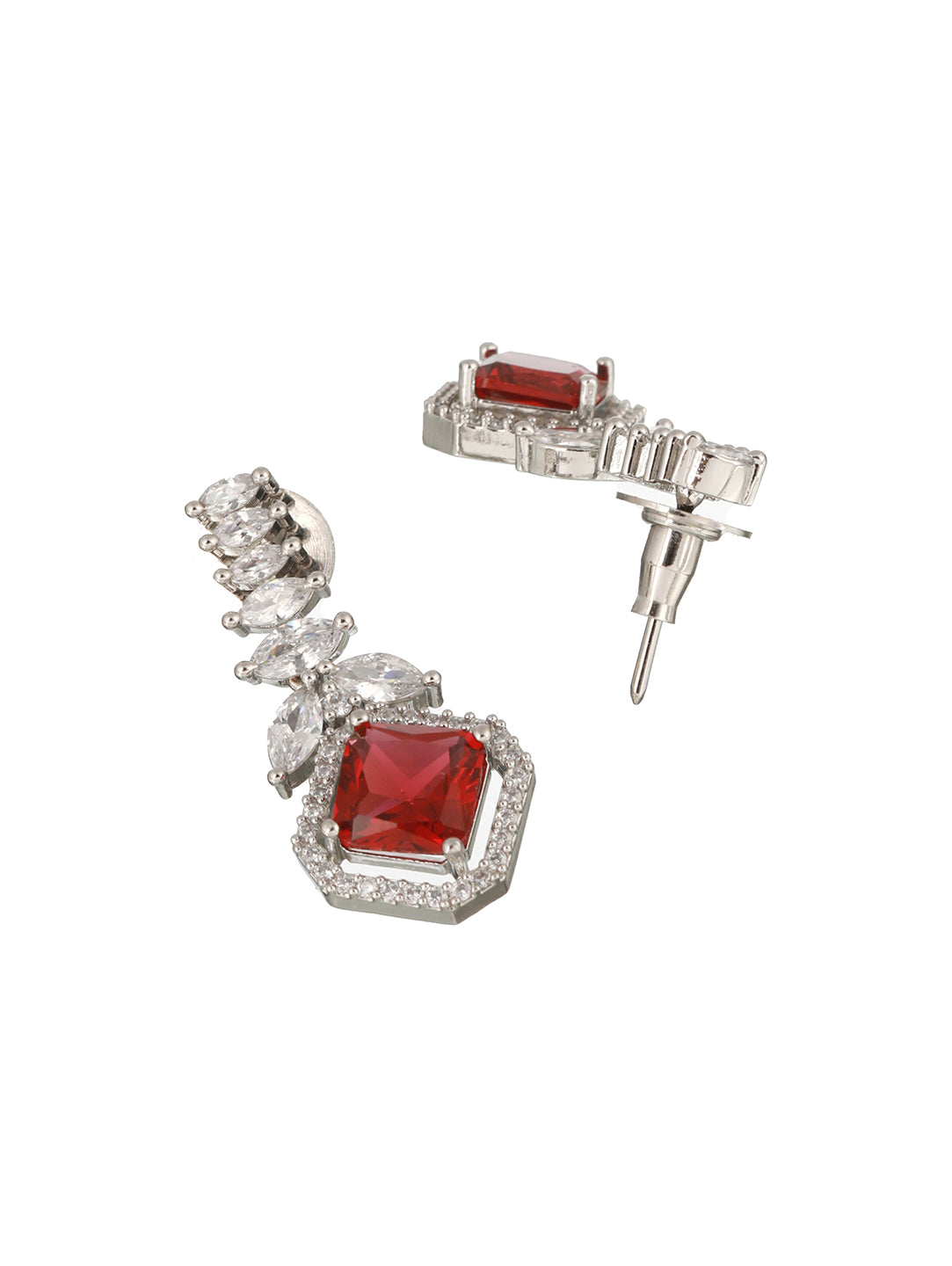 Silver Toned Red CZ Studded Minimal Designer jewellery Set