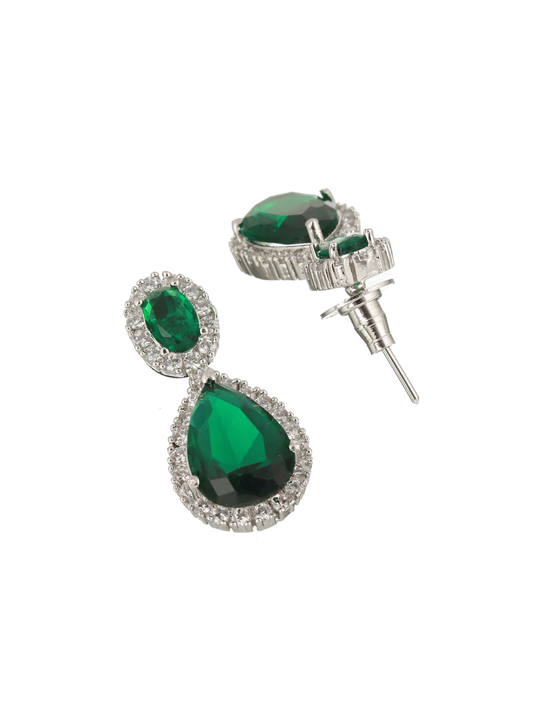 Rhodium Plated green CZ Studded Single Line Minimal Jewellery Set
