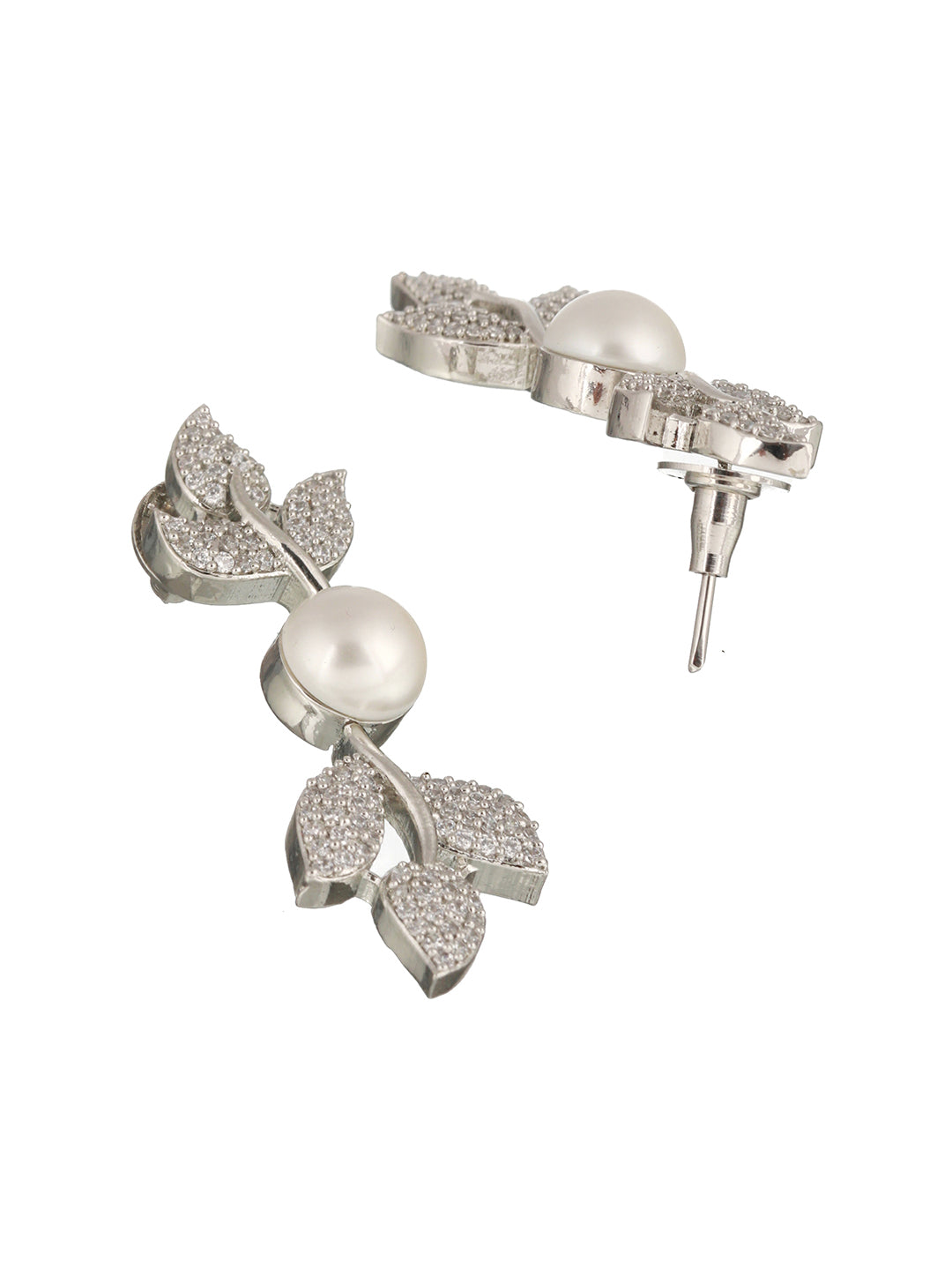 Silver Plated C Z Studded Pearl Floral Statement Jewellery Set