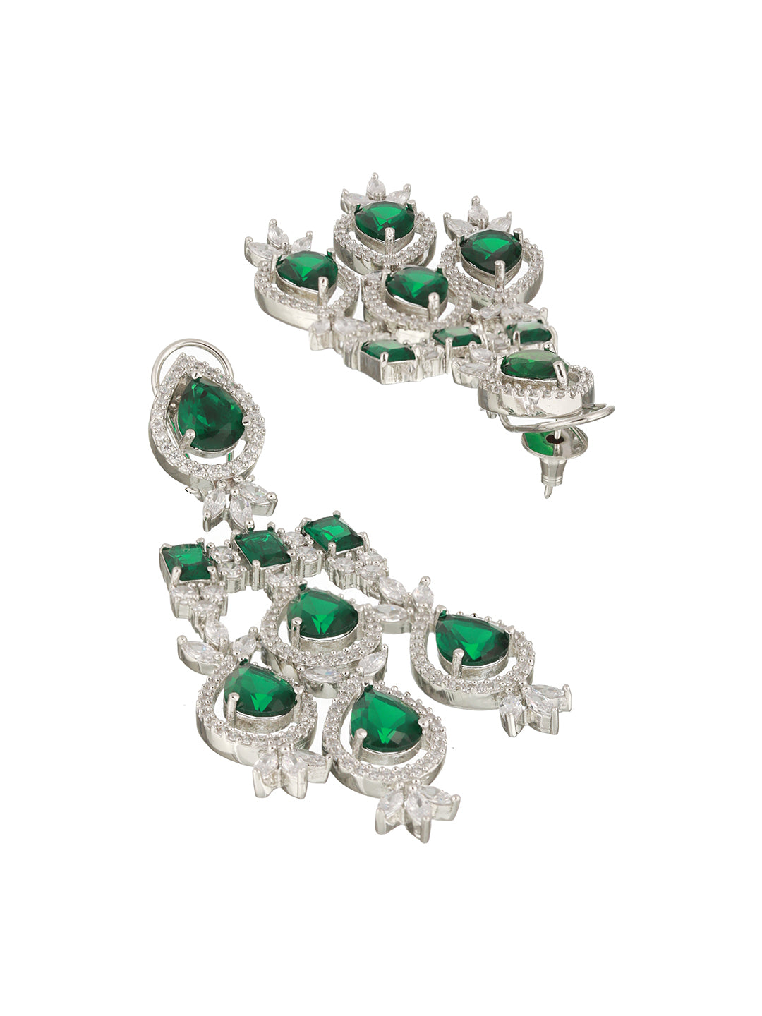 White Rhodium Silver Plated  Green CZ Stone Studded jewellery Set