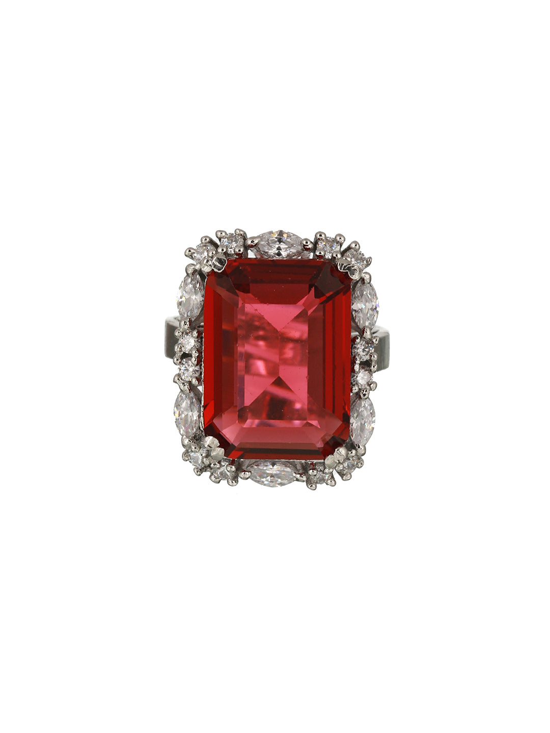 Silver Toned Red Ruby CZ Studded Cocktail Designer Finger Ring
