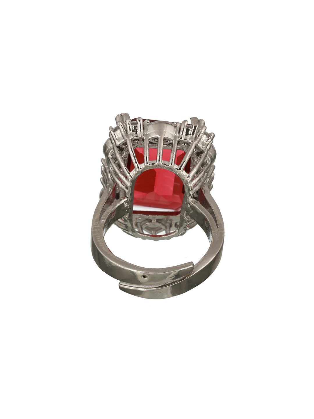 Silver Toned Red Ruby CZ Studded Cocktail Designer Finger Ring