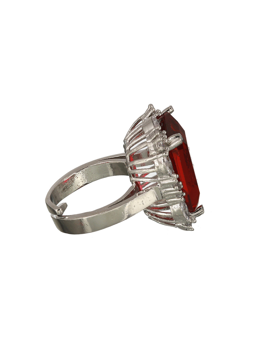 Silver Toned Red Ruby CZ Studded Cocktail Designer Finger Ring