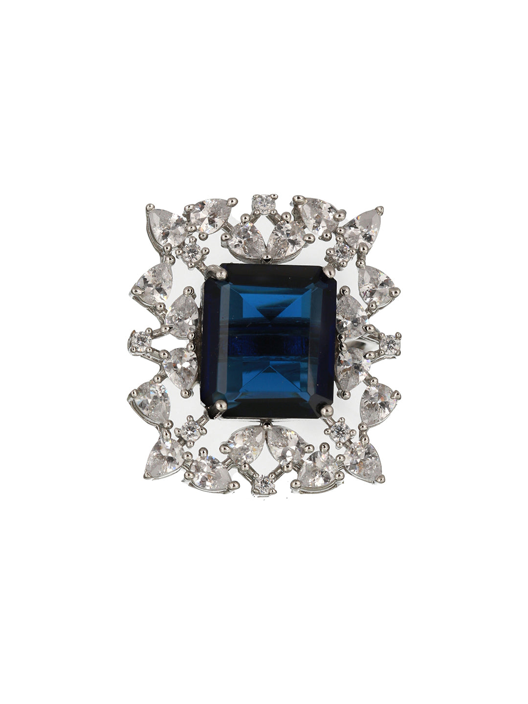 Silver Plated Blue CZ Studded Cocktail Designer Finger Ring
