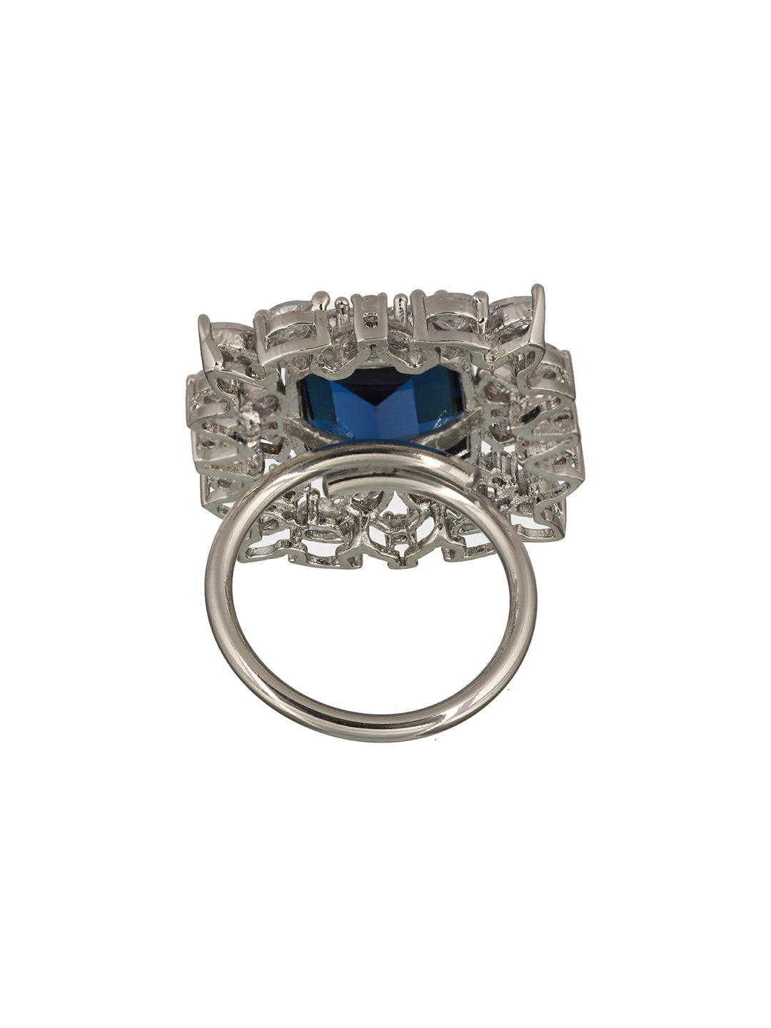 Silver Plated Blue CZ Studded Cocktail Designer Finger Ring
