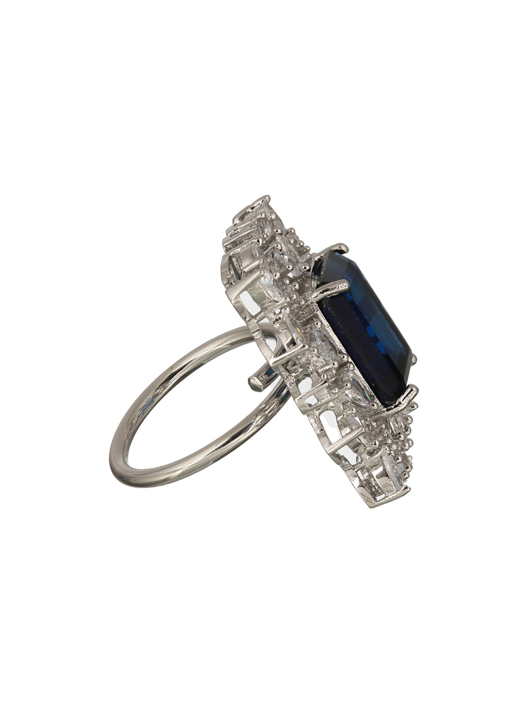 Silver Plated Blue CZ Studded Cocktail Designer Finger Ring