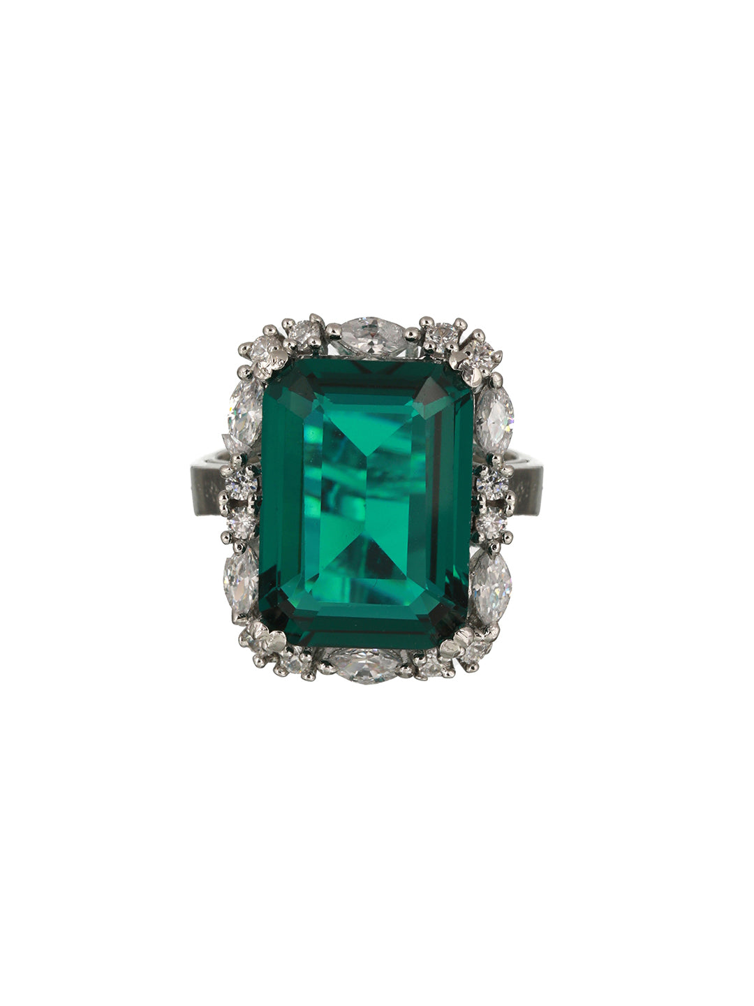 Silver Plated Green CZ Studded Cocktail Luxe Finger Ring