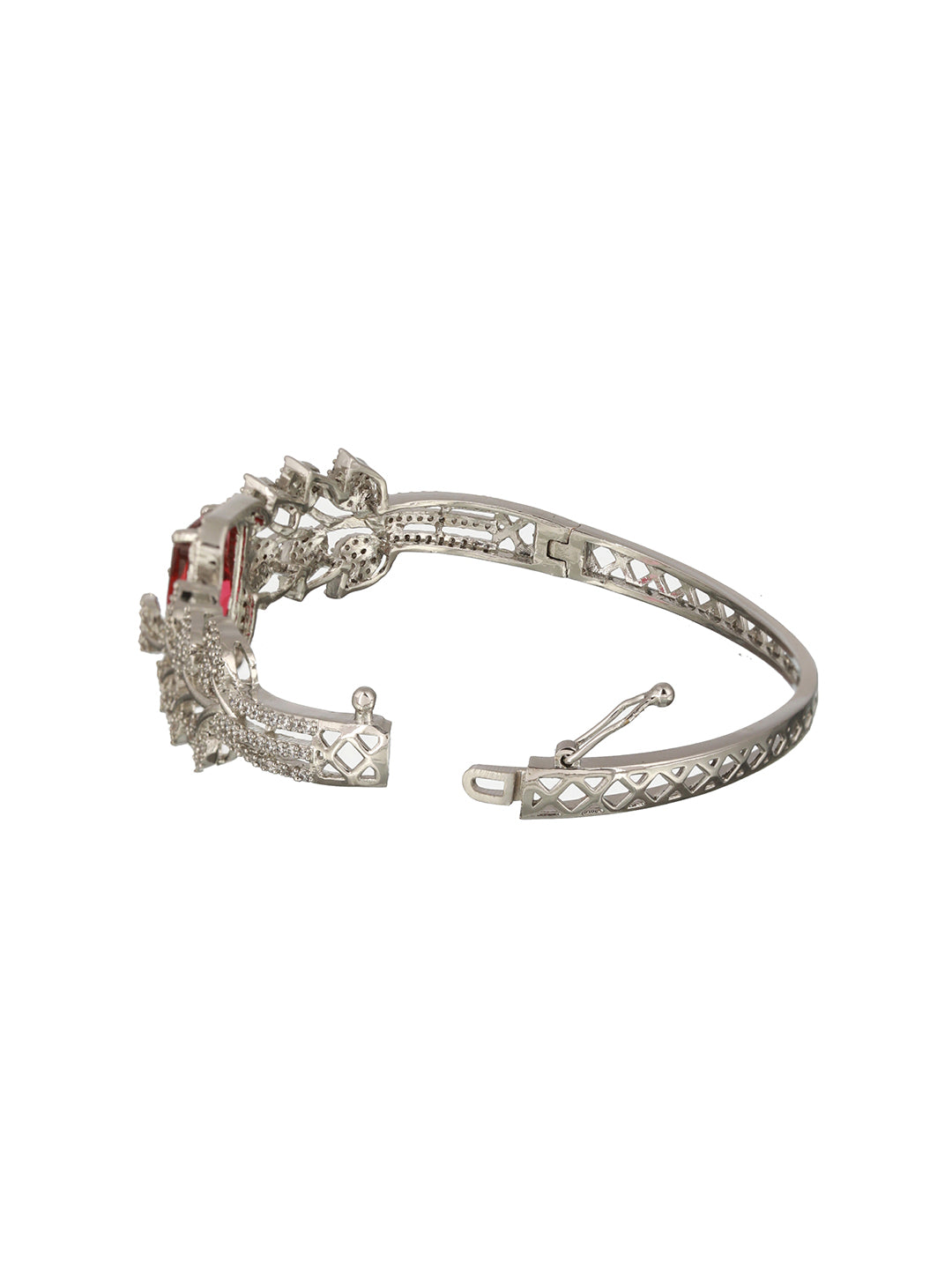 Silver Toned  Red AD Studded Statement Handcrafted Bracelet