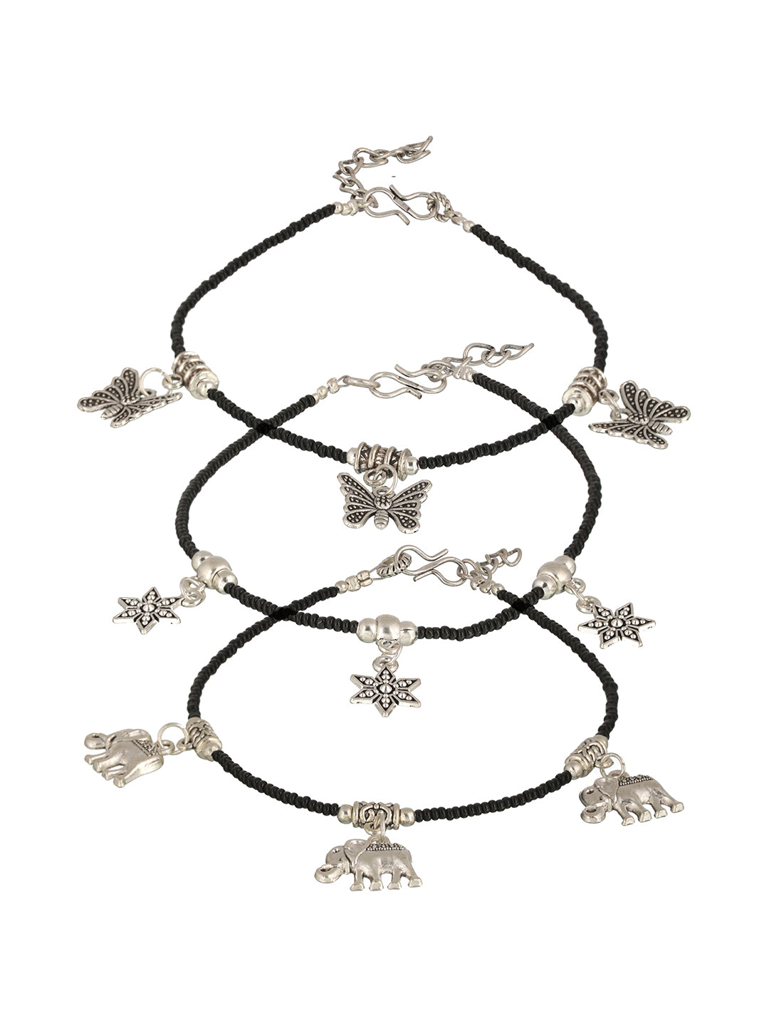 Set Of 3 Oxidised Silver Plated Payal Anklet