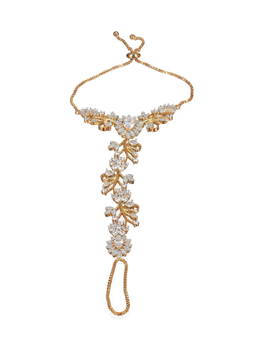 Gold Plated CZ Studded Statement hathphool Ring Bracelet