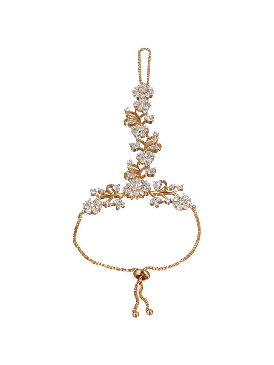 Gold Plated CZ Studded Statement hathphool Ring Bracelet