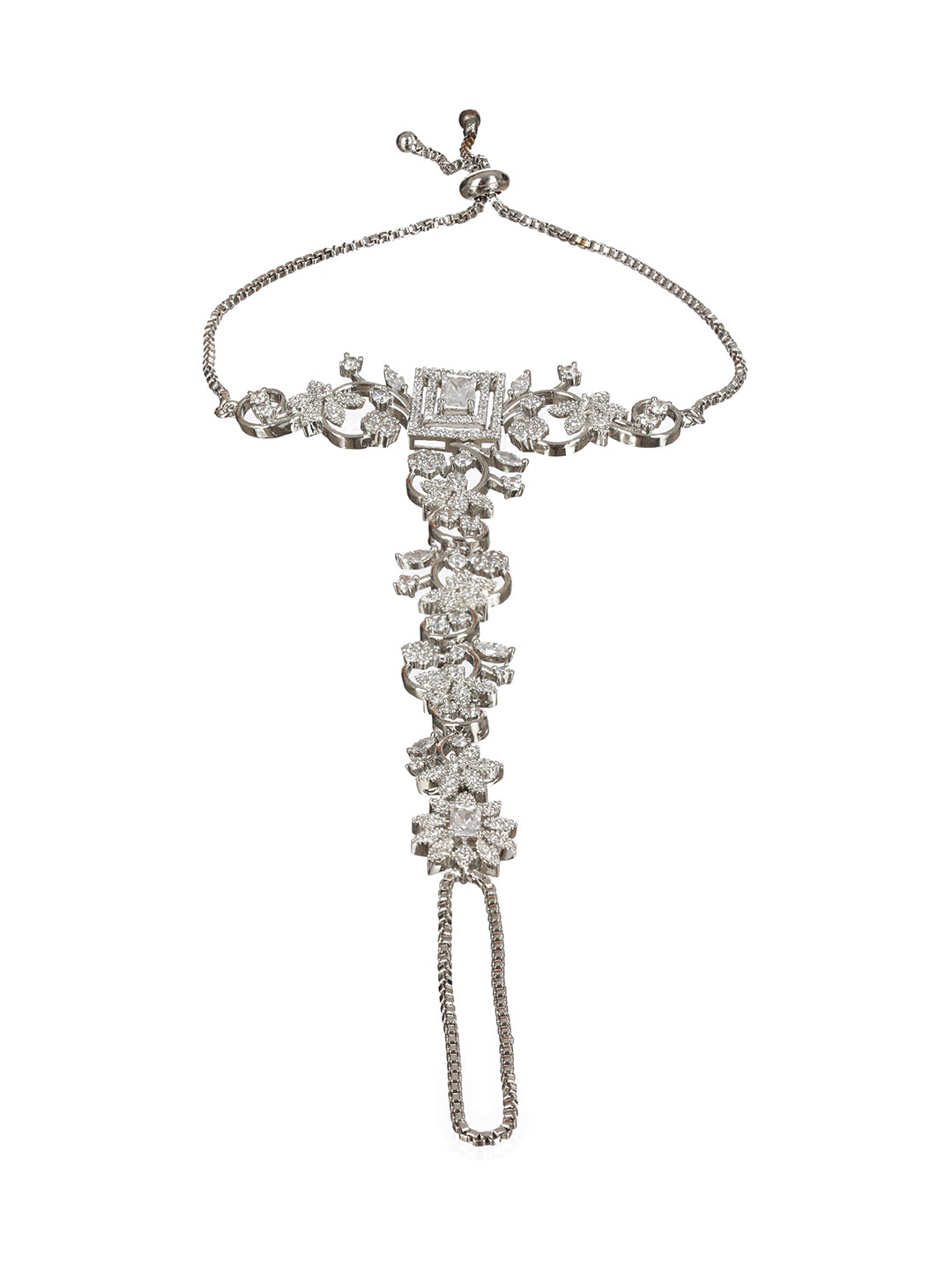 Silver Toned CZ Studded Floral Designer hathphool Ring bracelet