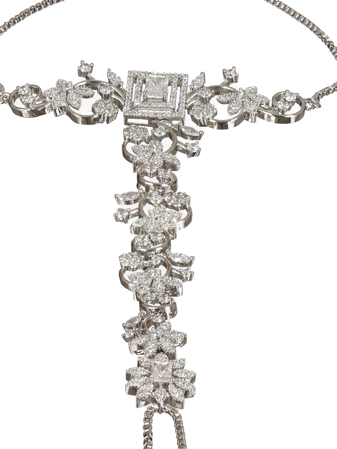 Silver Toned CZ Studded Floral Designer hathphool Ring bracelet