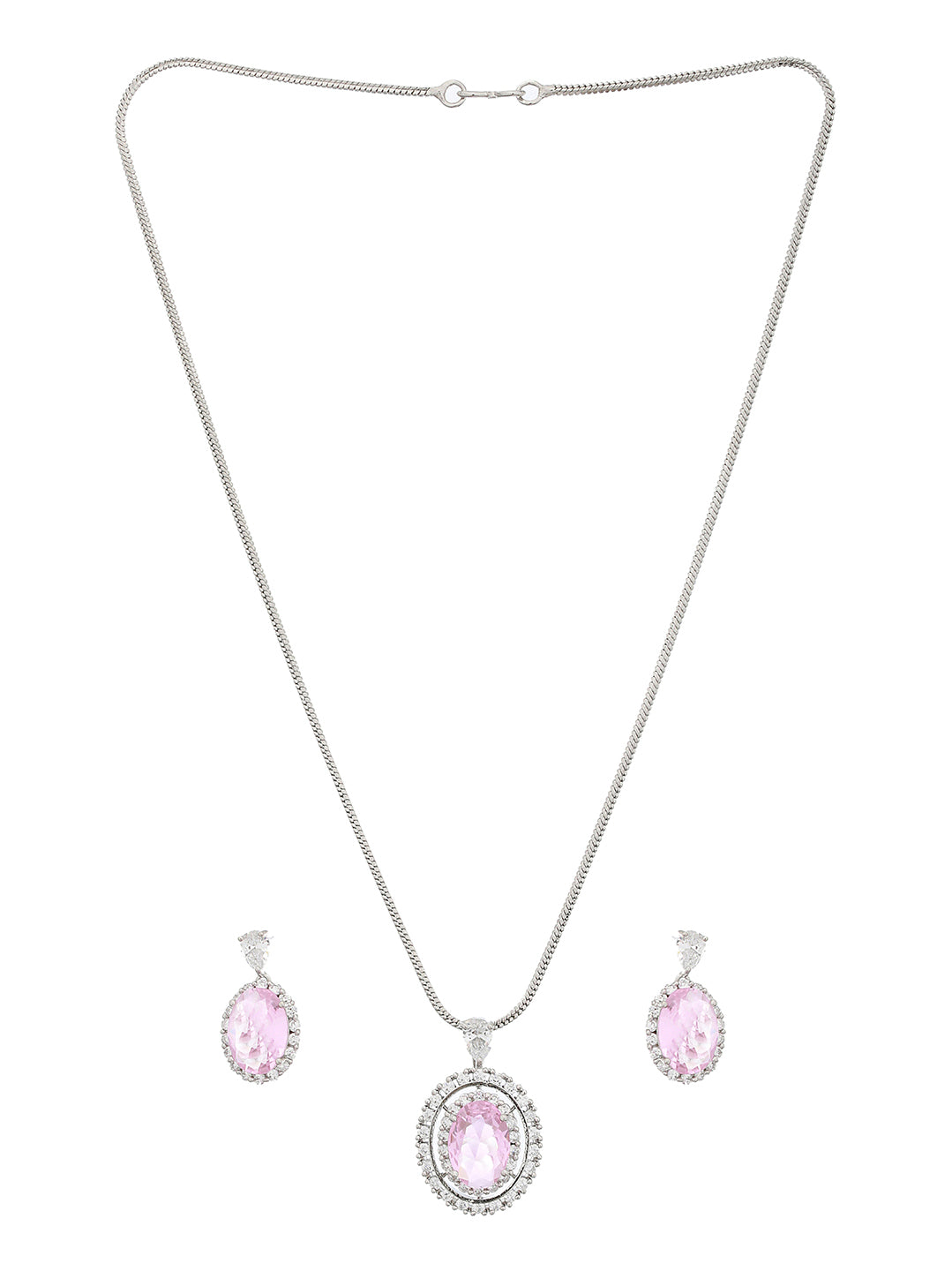 Silver Toned Pink CZ Studded Luxe Minimal Locket Jewellery Set