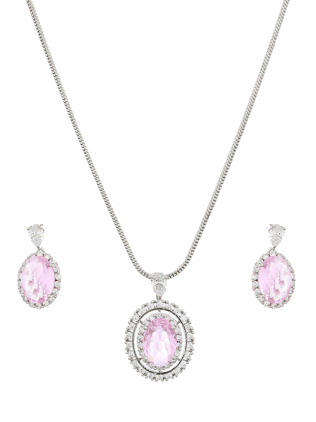 Silver Toned Pink CZ Studded Luxe Minimal Locket Jewellery Set