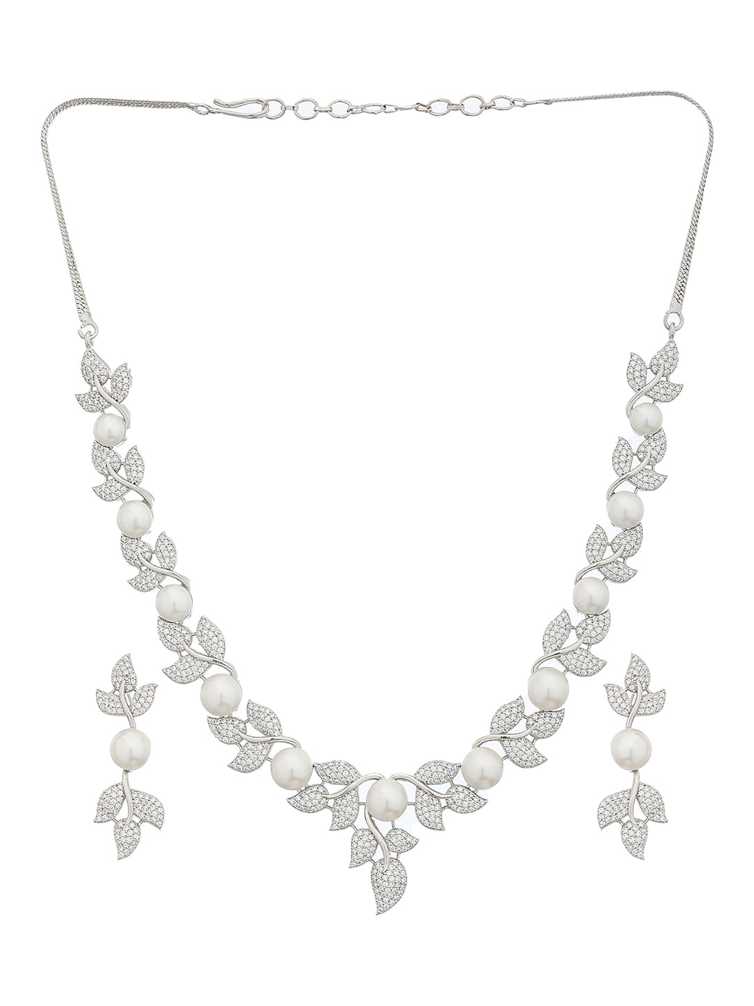 Silver Plated C Z Studded Pearl Floral Statement Jewellery Set