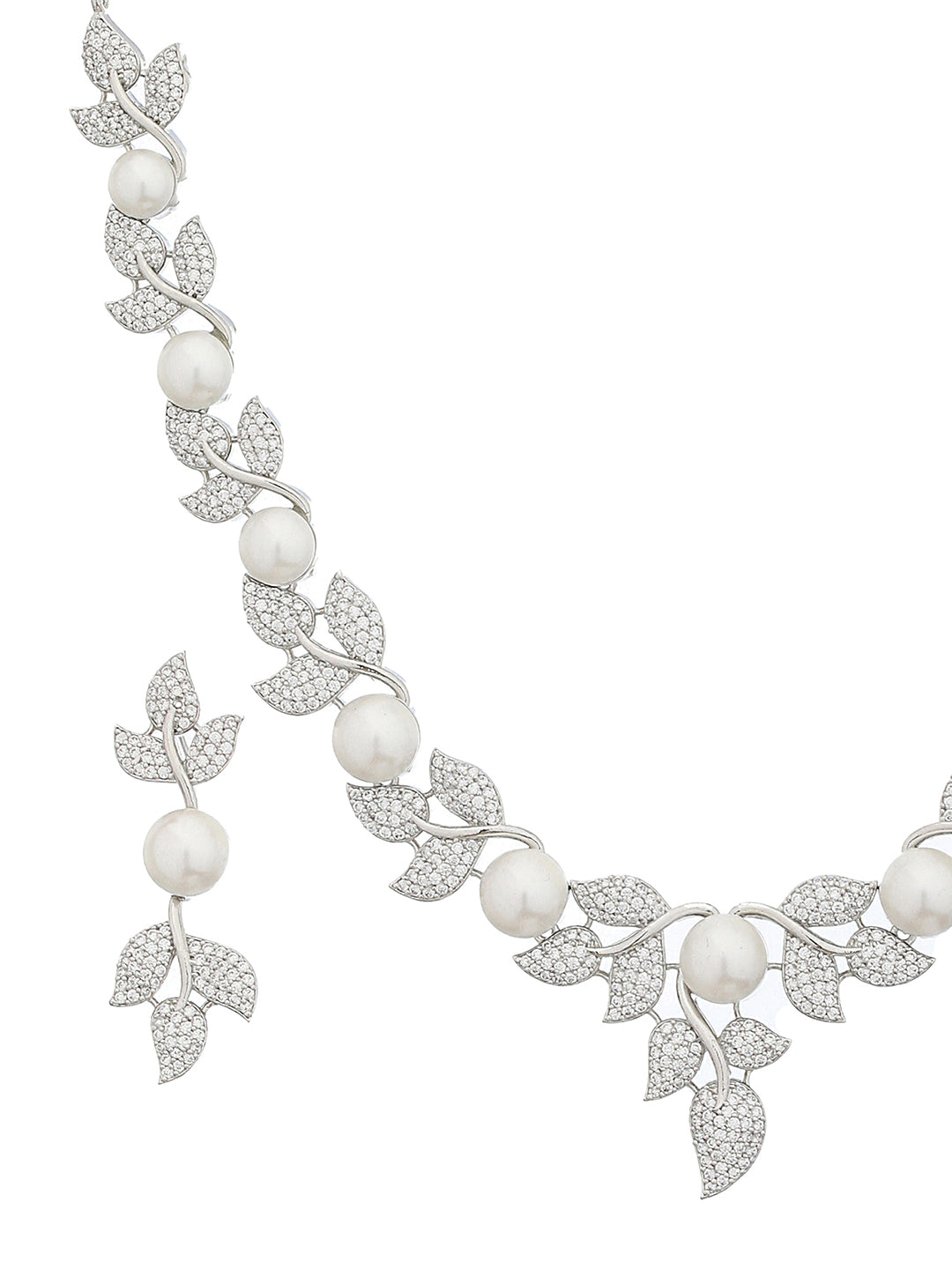 Silver Plated C Z Studded Pearl Floral Statement Jewellery Set