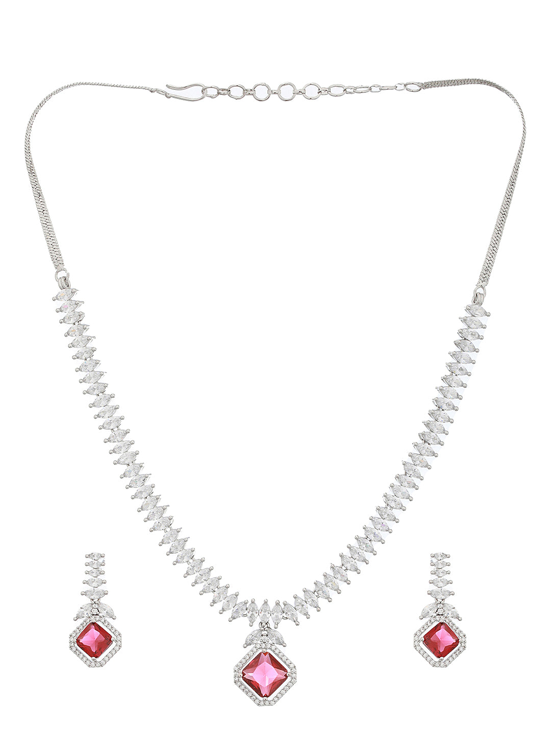 Silver Toned Red CZ Studded Minimal Designer jewellery Set