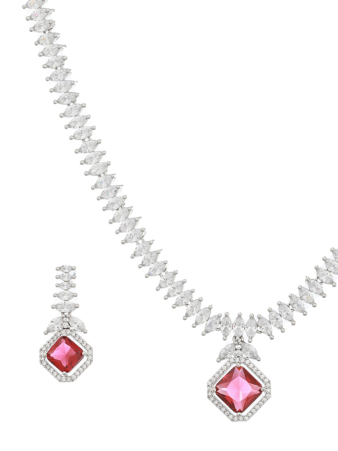 Silver Toned Red CZ Studded Minimal Designer jewellery Set