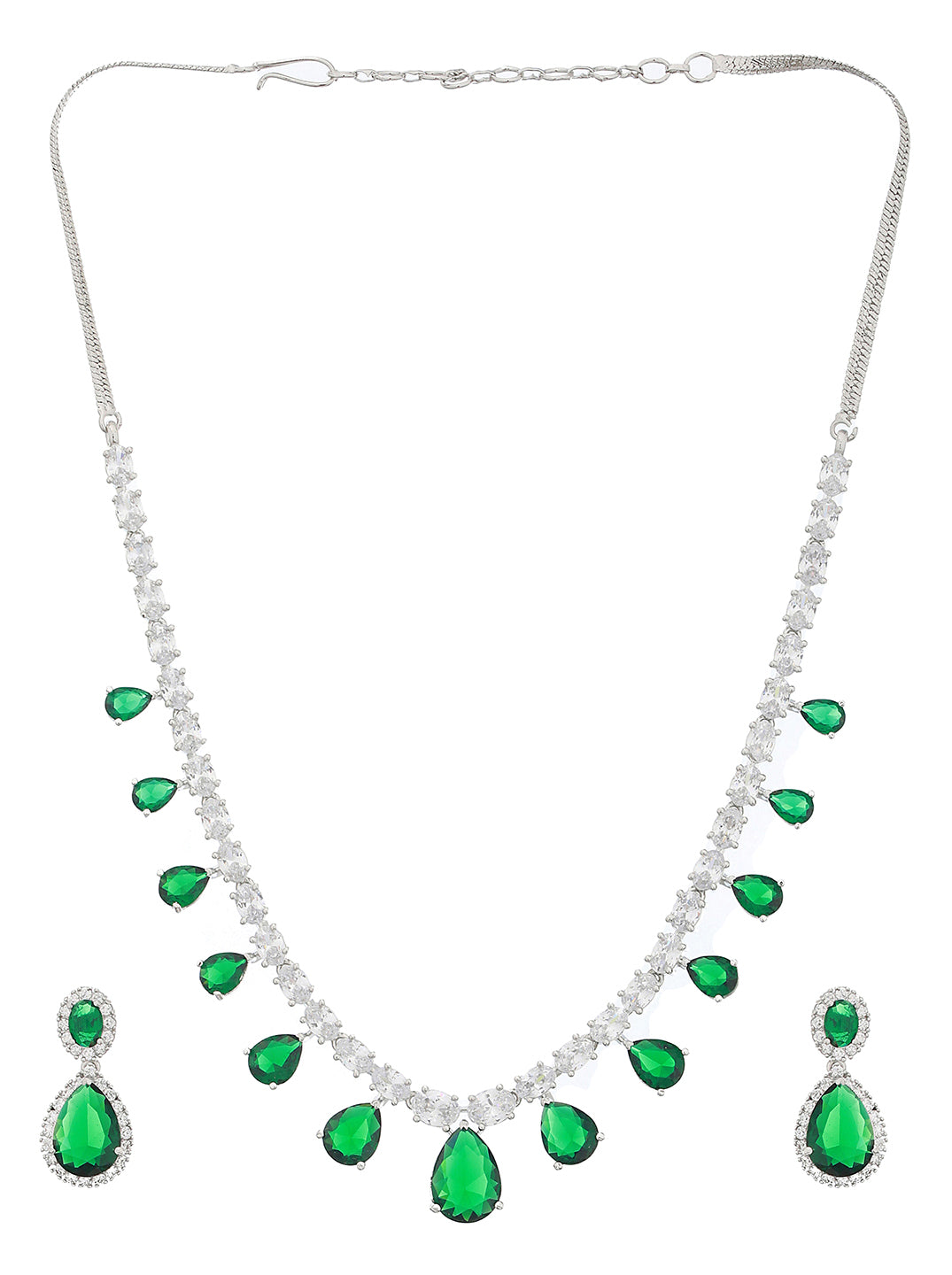 Rhodium Plated green CZ Studded Single Line Minimal Jewellery Set