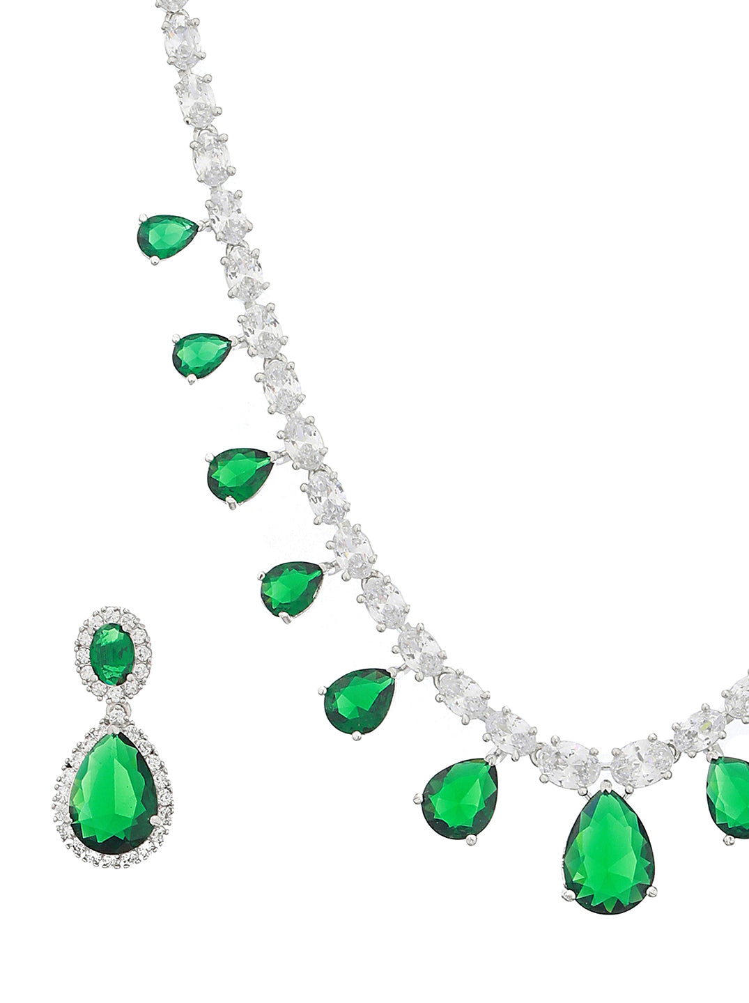 Rhodium Plated green CZ Studded Single Line Minimal Jewellery Set