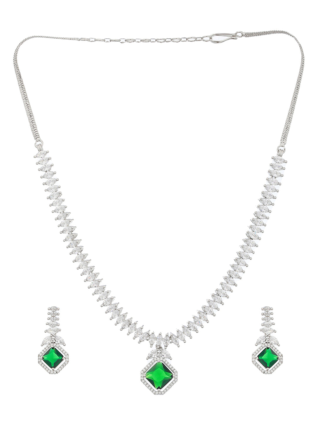 Silver Plated Green CZ Studded Minimal Pendant jewellery Set