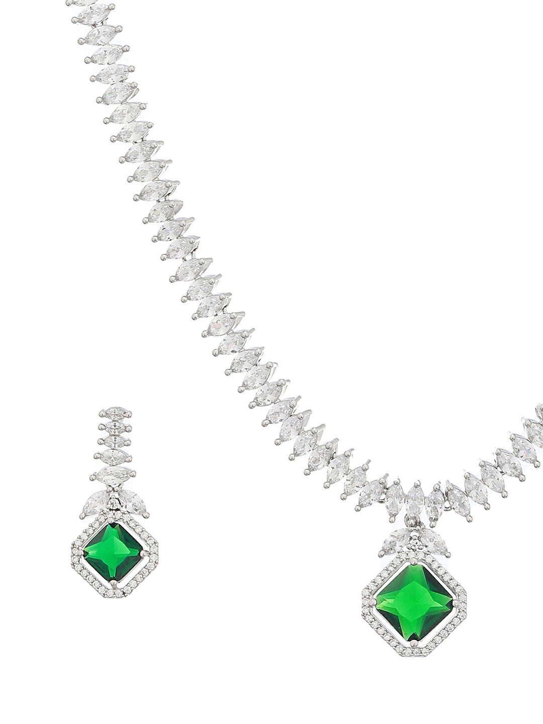Silver Plated Green CZ Studded Minimal Pendant jewellery Set