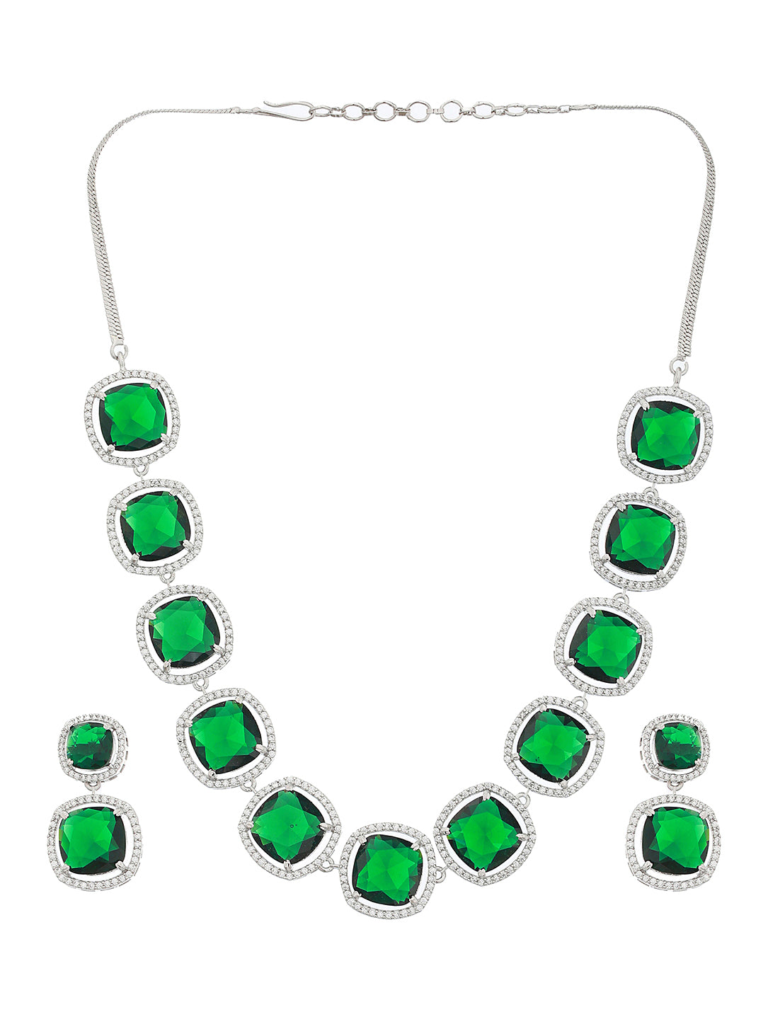White Rhodium Plated Green CZ Studded Designer Jewellery Set