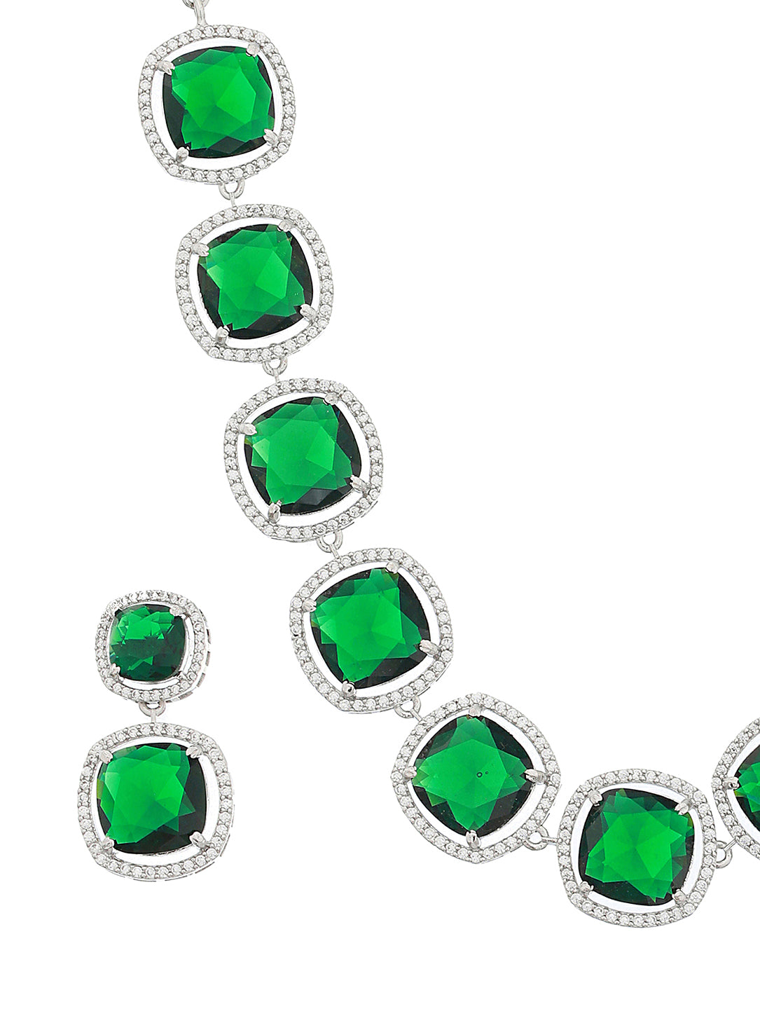 White Rhodium Plated Green CZ Studded Designer Jewellery Set