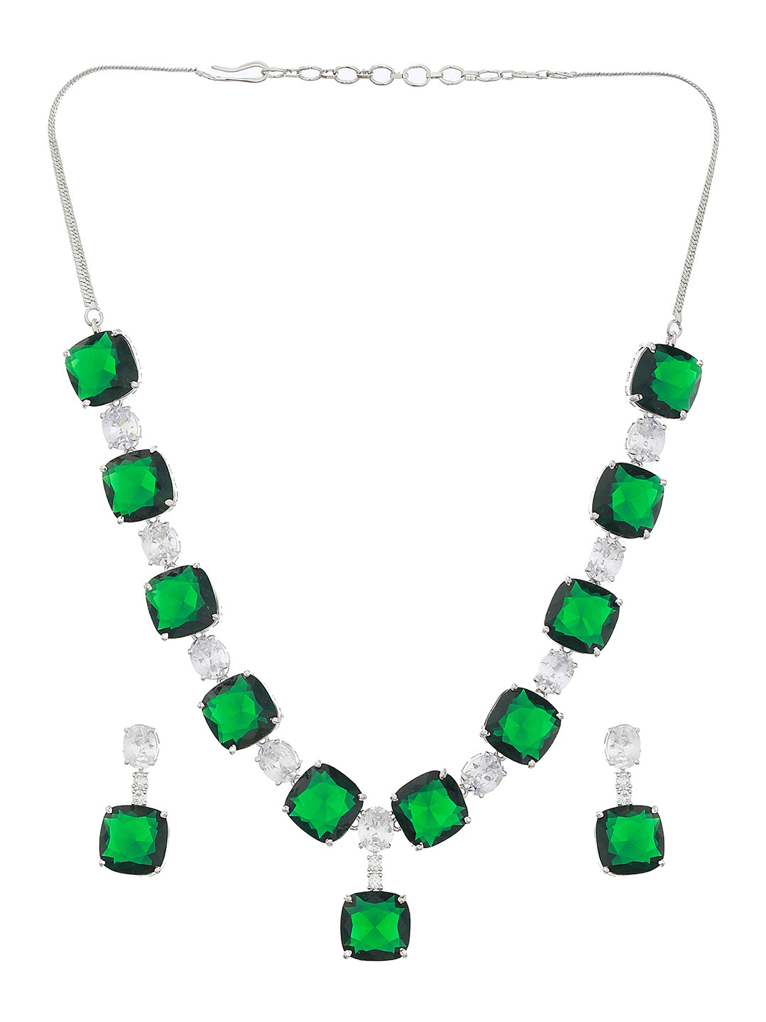 Silver Plated Green CZ Studded Luxe Designer Jewellery Set