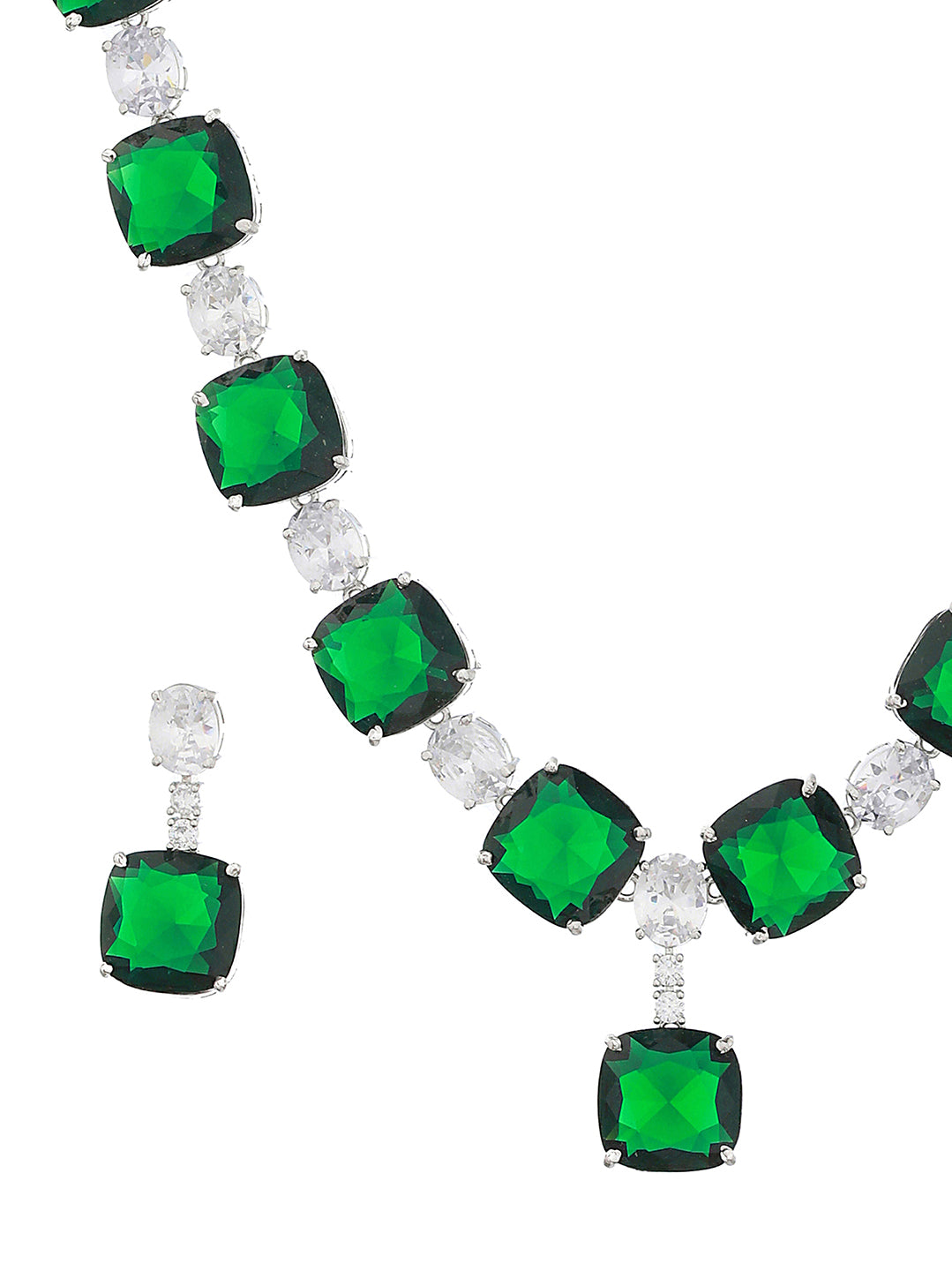 Silver Plated Green CZ Studded Luxe Designer Jewellery Set