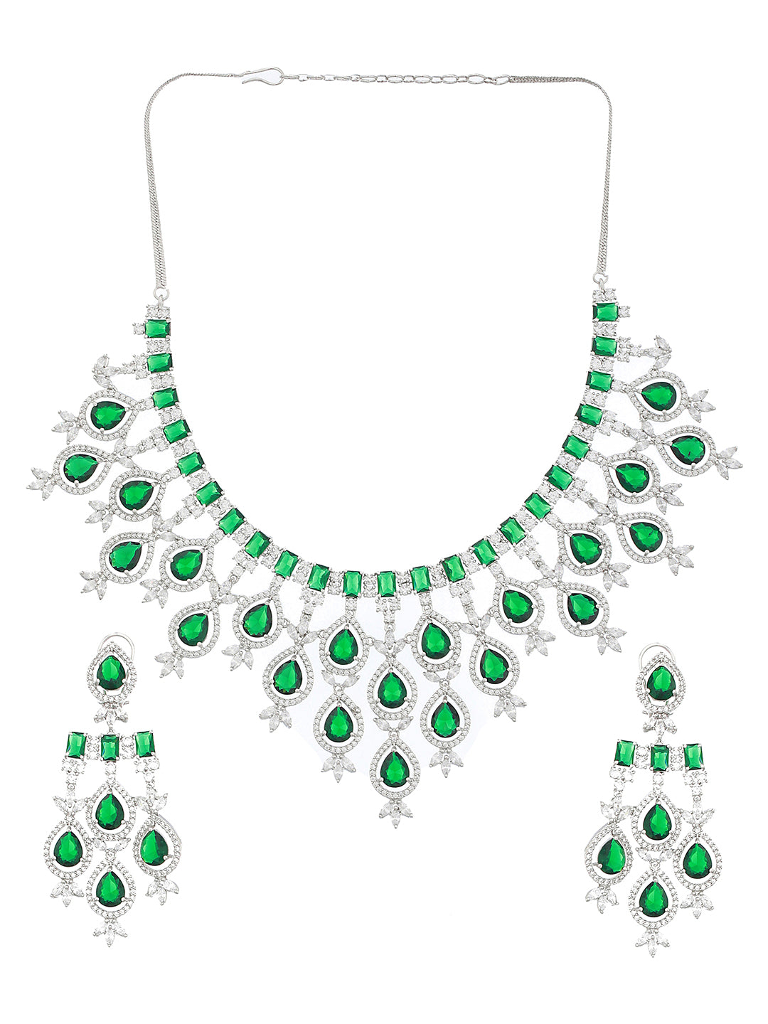 White Rhodium Silver Plated  Green CZ Stone Studded jewellery Set