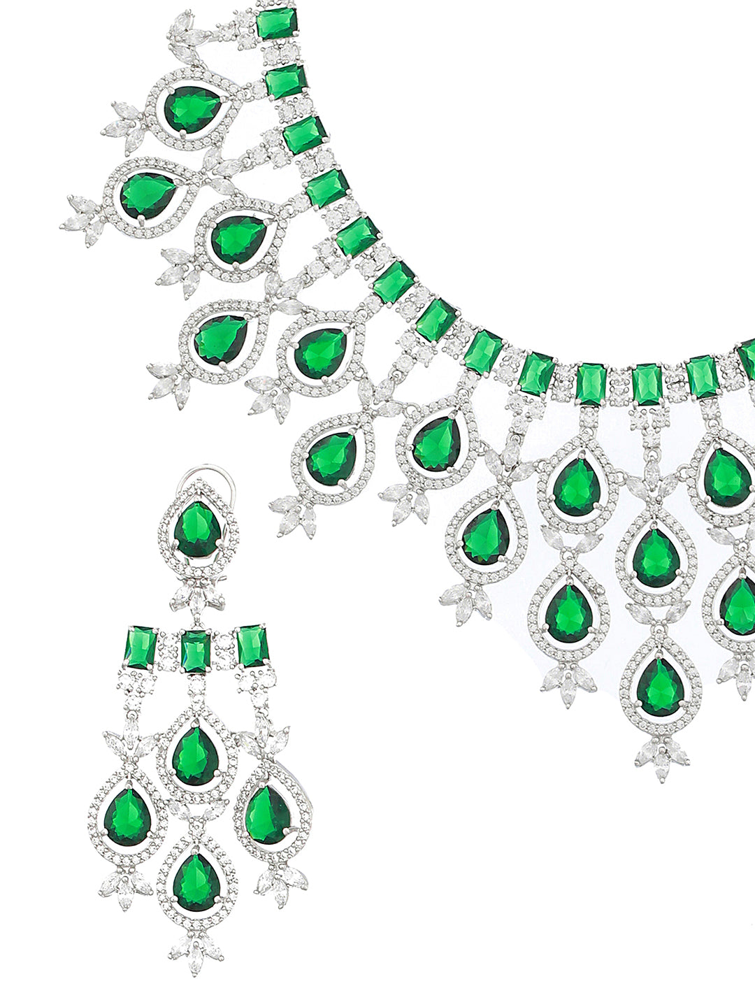 White Rhodium Silver Plated  Green CZ Stone Studded jewellery Set