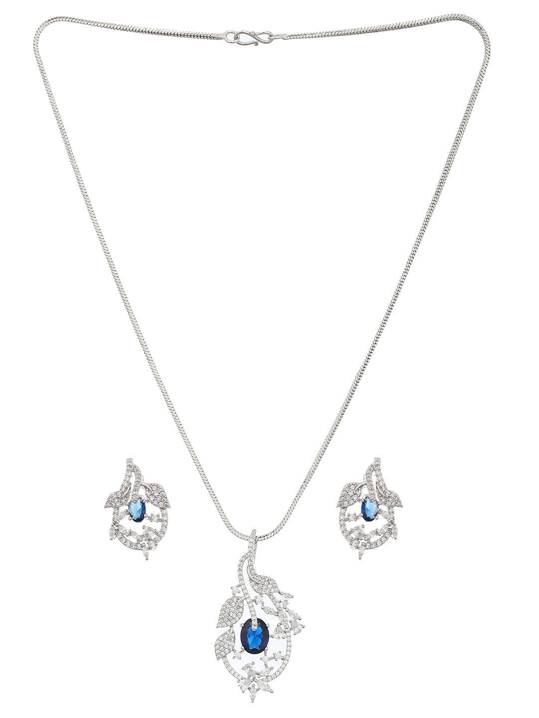Silver Plated Blue AD Studded Floral Designer Pendant Jewellery Set